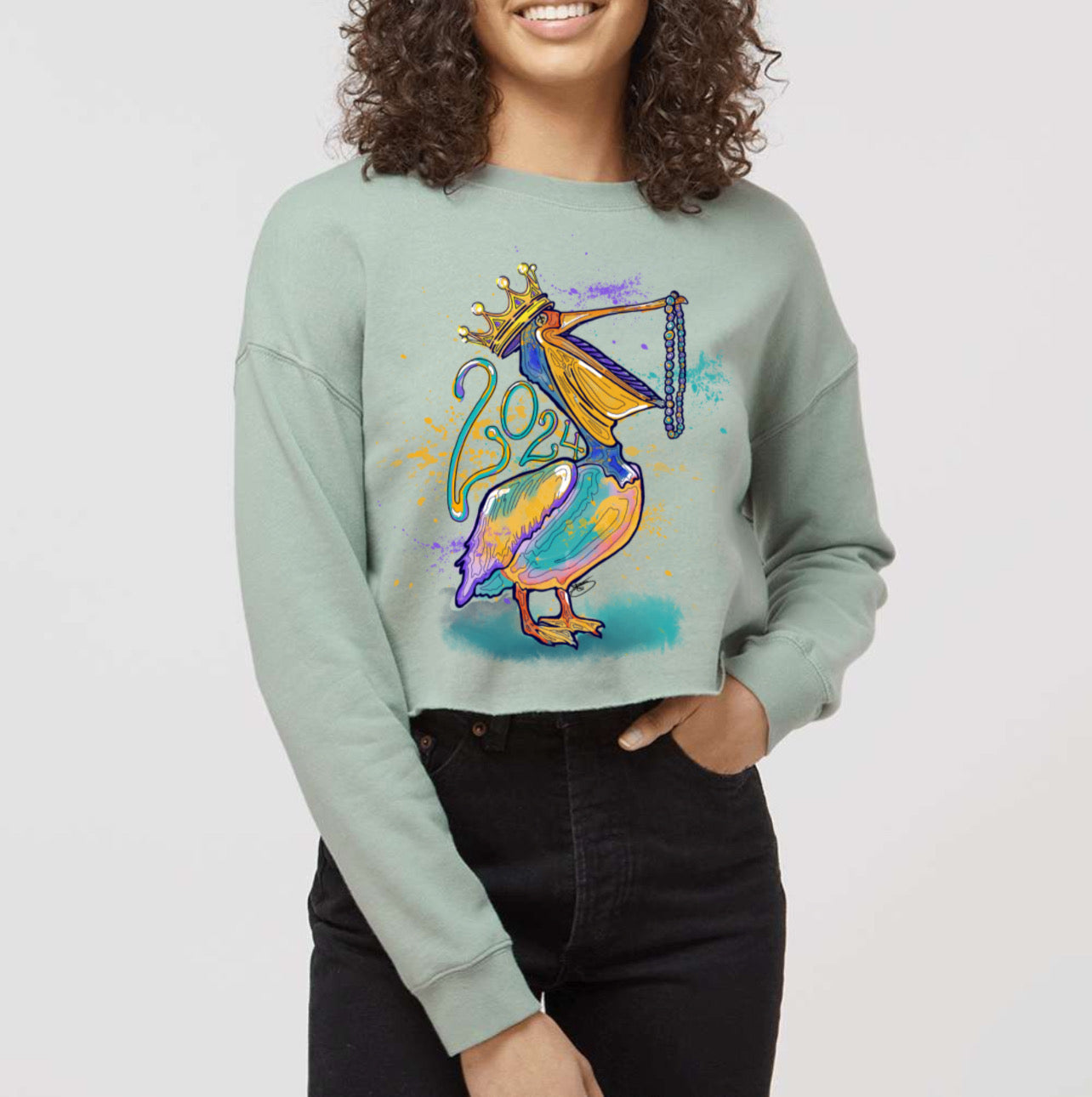 Mardi Gras Pelican Crop Top Sweathirt (With or Without the Year)