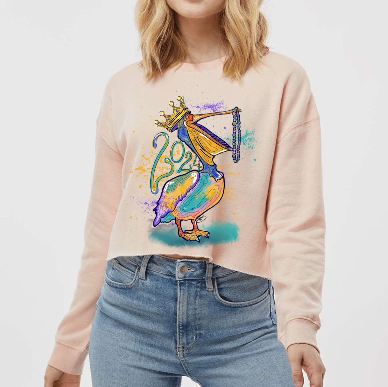 Mardi Gras Pelican Crop Top Sweathirt (With or Without the Year)