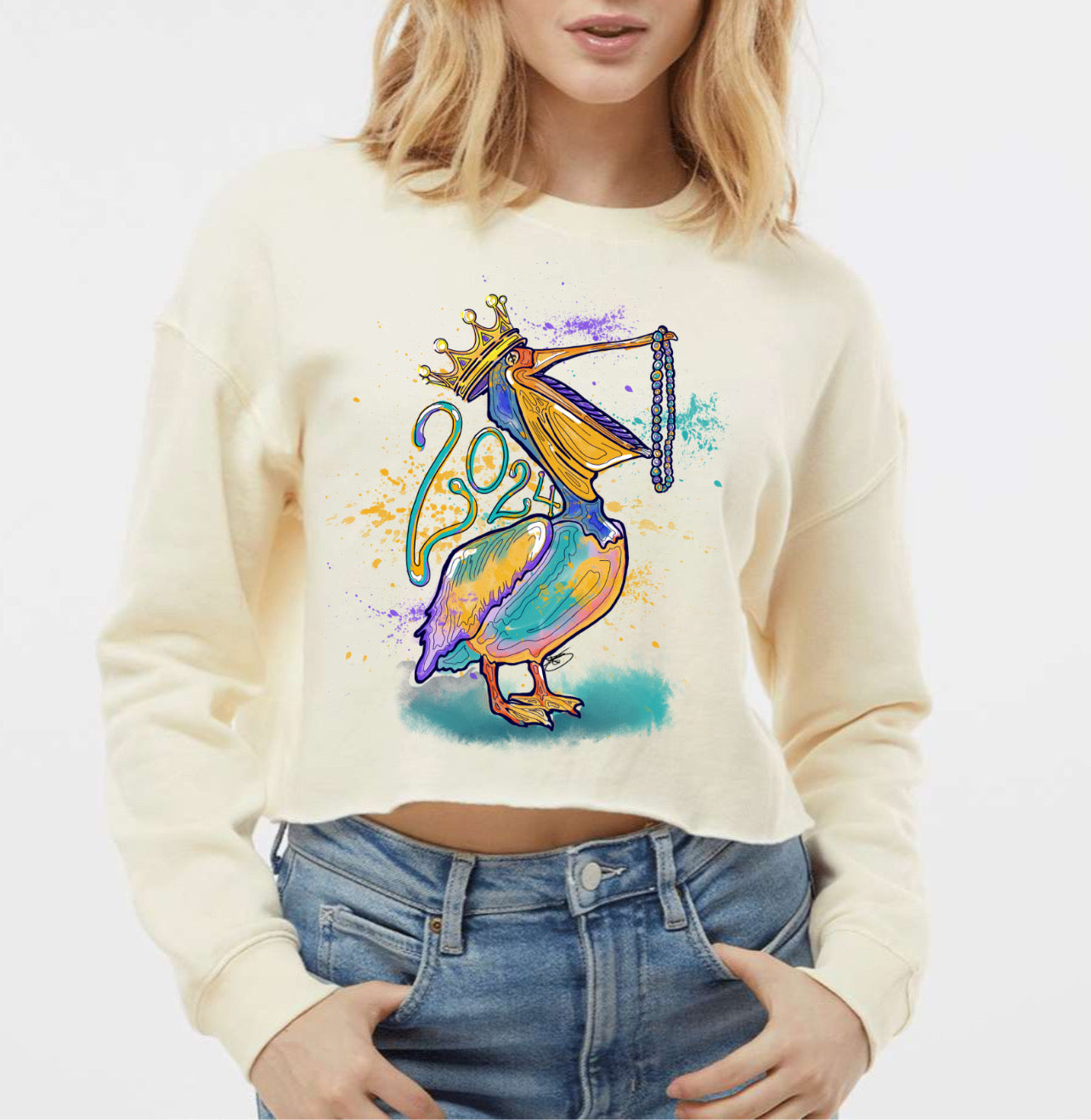 Mardi Gras Pelican Crop Top Sweathirt (With or Without the Year)