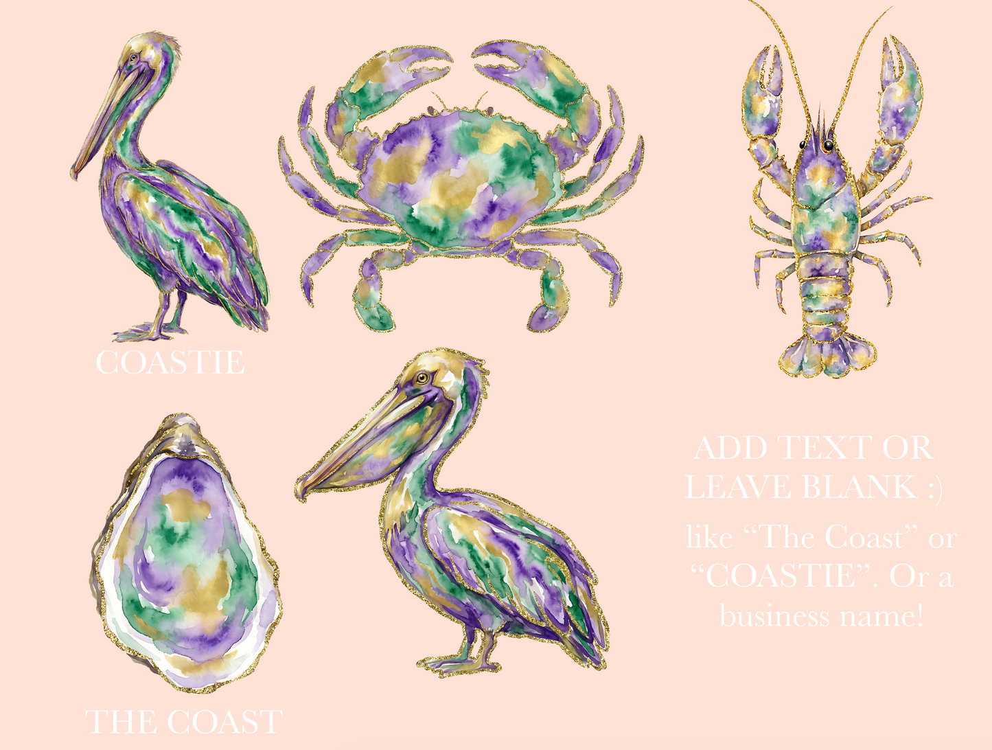Mardi Gras Coastal Animals (Tell me which animal, shirt color & a saying or blank in checkout notes)